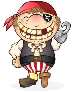 Cartoon pirate smiling with missing tooth due to tooth decay